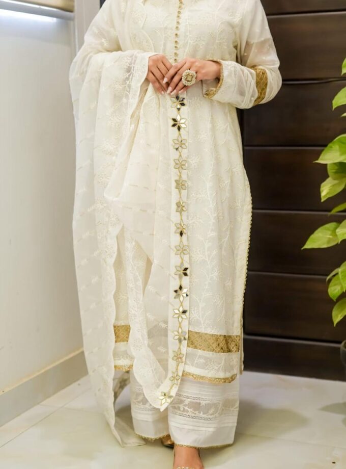 KHADI 3 PIECE GOLD SEQUENCE SUIT